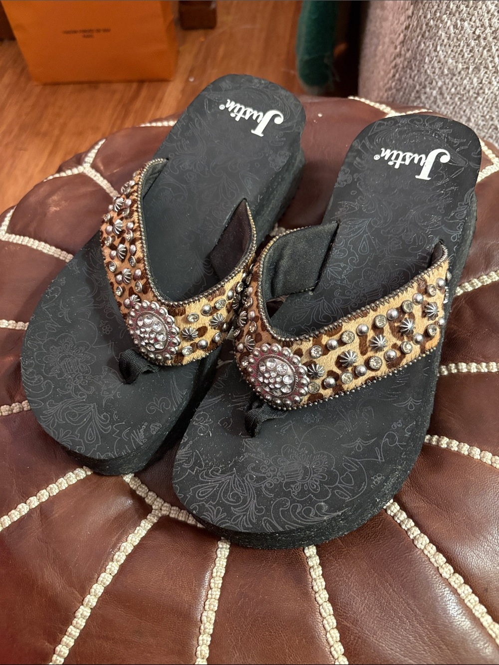 Justin Boots Black with Leopard Trim Embellished Women's Flip Flop Sandals